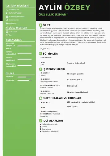 Güzellik Uzmanı Cv Örnekleri  cv indir